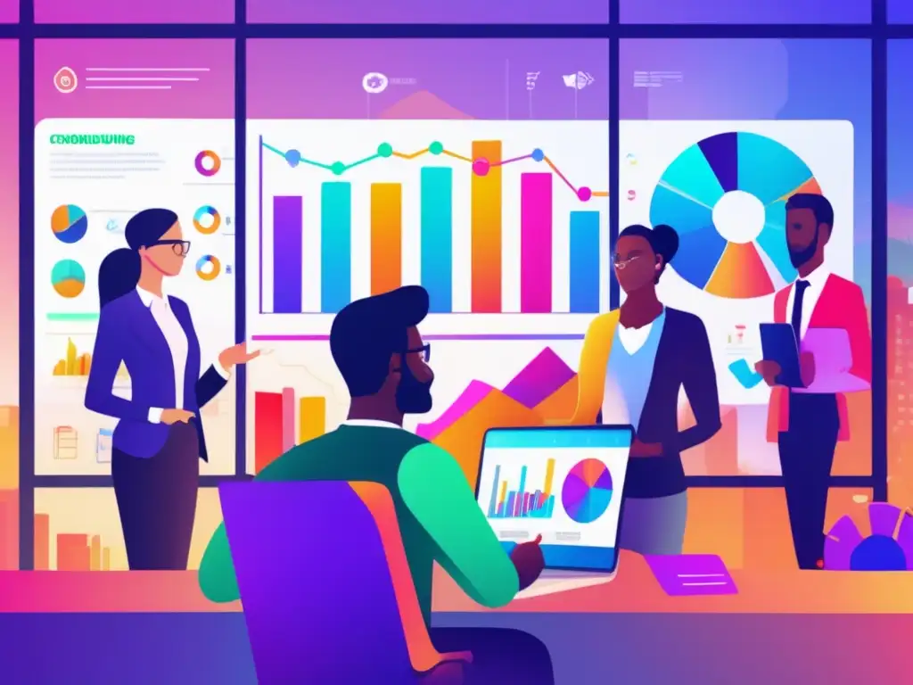 Colaboración y crowdfunding: impacto positivo Beneficios del crowdfunding para la sociedad: grupo diverso discutiendo resultados en pantalla