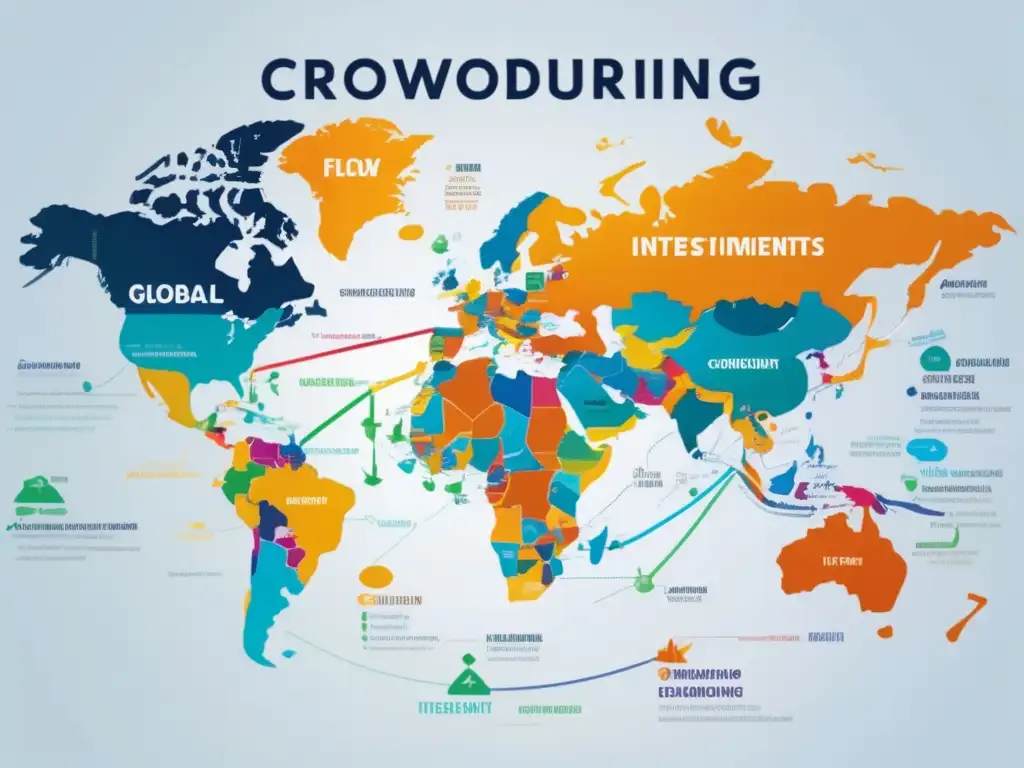 Conexiones transnacionales en el crowdfunding Beneficios del crowdfunding transfronterizo, mapa global con líneas de inversión y colores vibrantes que representan diversidad e internacionalización