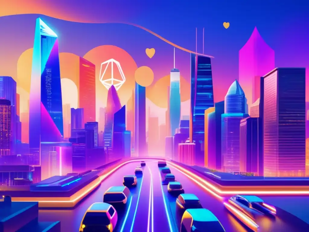 Ciudad futurista con rascacielos y DApps Beneficios DApps criptomonedas: Ciudad futurista con rascacielos, personas interactivas y logos DApps