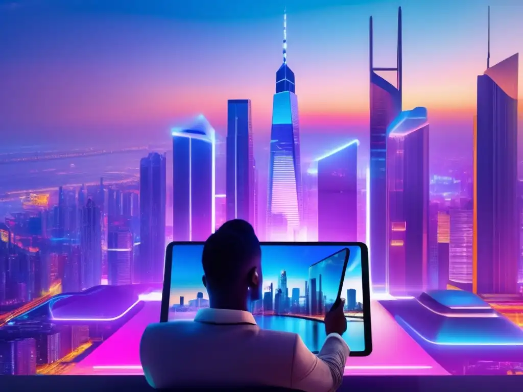 Futurista ciudad con DApps y transacciones financieras Beneficios de las DApps en criptomonedas: Futurista ciudad con rascacielos, hologramas y transacciones eficientes
