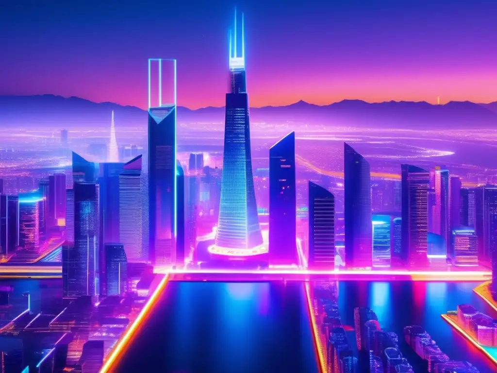 Futurista ciudad blockchain y DeFi Beneficios DApps en criptomonedas: Ciudad futurista con rascacielos digitales, DEX, DeFi y juegos VR