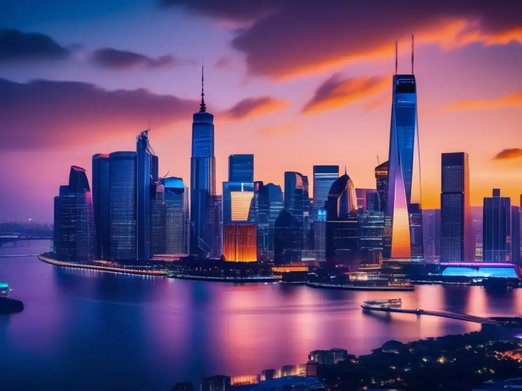 Moderna ciudad al atardecer con skyline vibrante Beneficios de los derivados en la diversificación: Ciudad moderna iluminada de noche con rascacielos y cielo oscureciendo