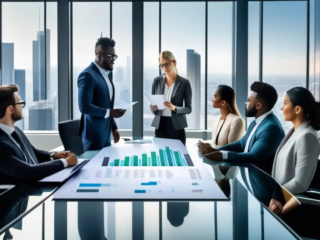 Profesionales discutiendo inversiones Beneficios de derivados en diversificación: Oficina moderna con profesionales analizando datos financieros