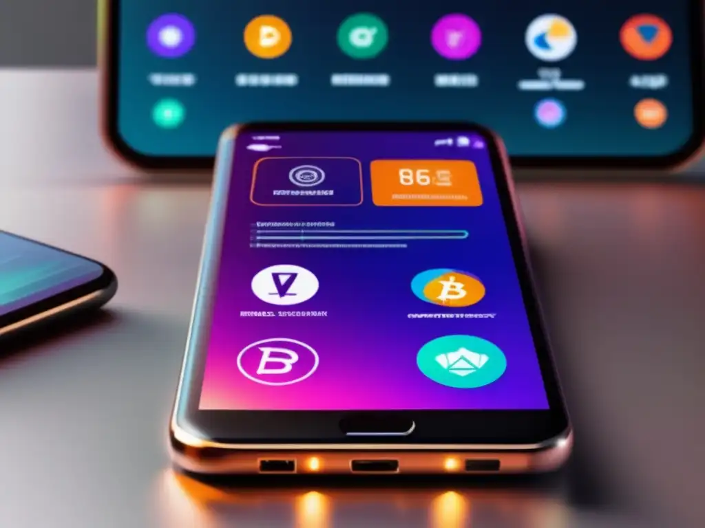 Dispositivo móvil futurista con minería de criptomonedas Beneficios de la minería móvil: dispositivo futurista con pantalla digital vibrante, seguridad avanzada y eficiencia energética