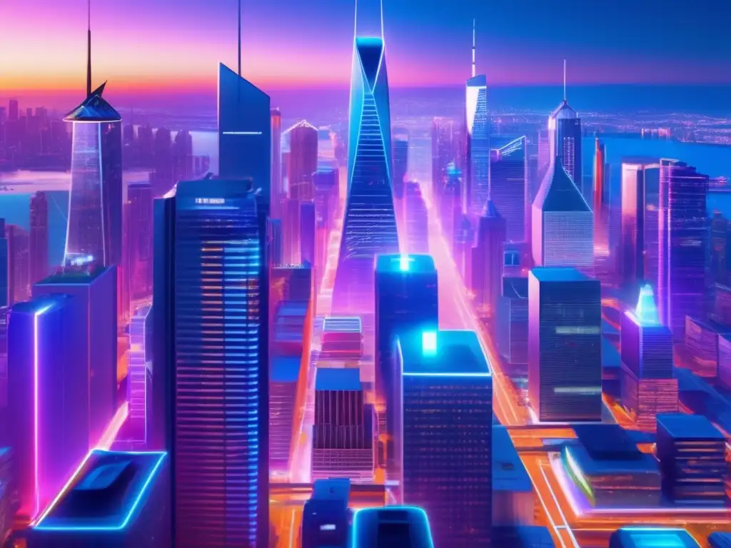 Futuro financiero: IA, AR y DeFi Beneficios IA en DeFi: Distrito financiero futurista con IA, AR, criptografía y autos autónomos