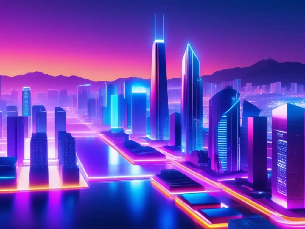 Futuro de la minería de criptomonedas Beneficios de diversificación en criptomonedas: Futurista ciudad digital con inversionistas discutiendo estrategias