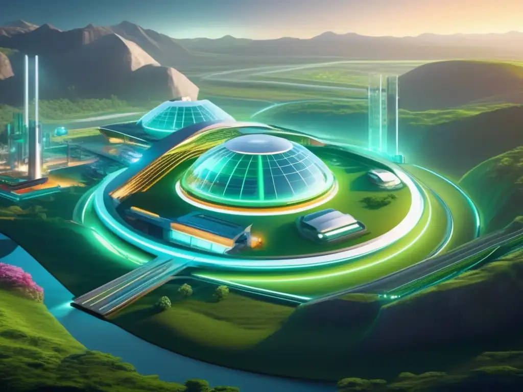 Fascinante instalación minera futurista en paisaje verde Beneficios de diversificación en criptomonedas: Futurista instalación minera 8K con tecnología avanzada, arquitectura moderna y paisaje exuberante