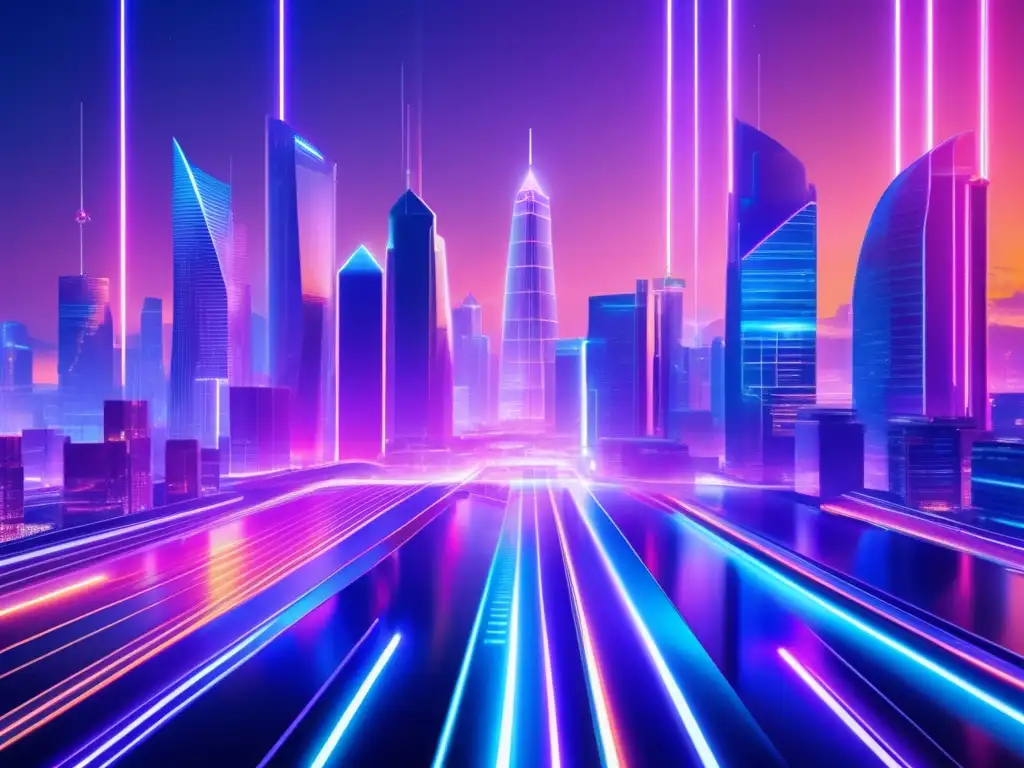 Futuro digital: criptodiversificación Beneficios de diversificación en criptomonedas: paisaje futurista con rascacielos de vidrio transparente y metal, figura con tablet mostrando gráficos