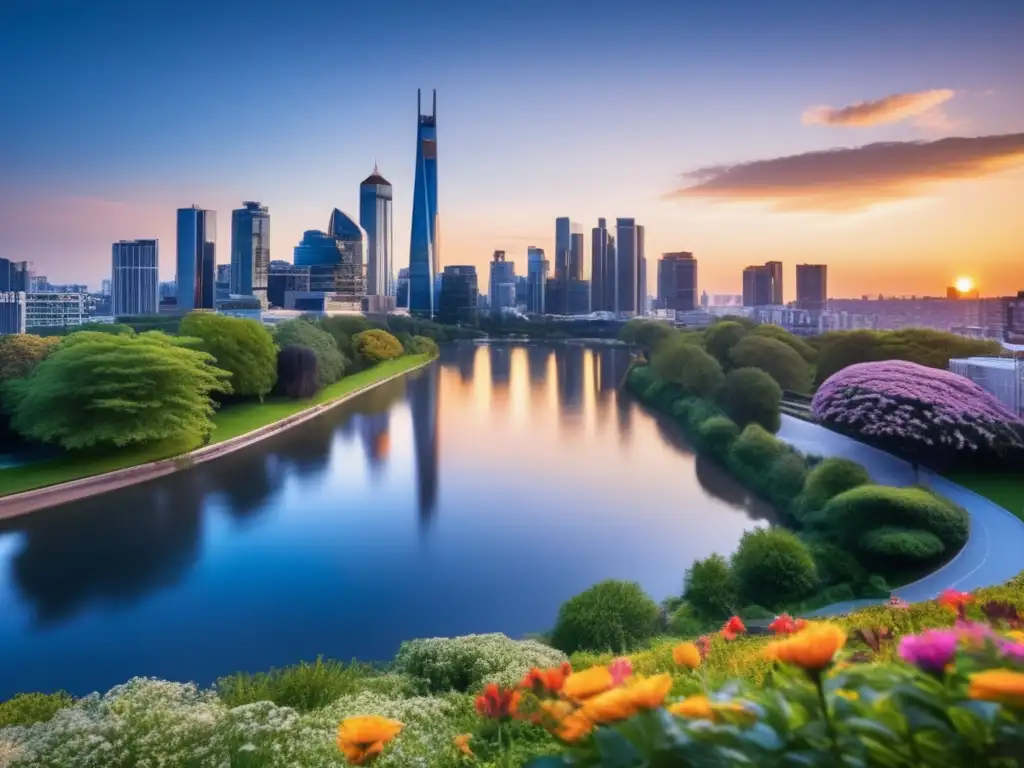 Ciudad moderna al atardecer Beneficios diversificación inmobiliaria: ciudad moderna al atardecer, edificios altos iluminados, parque verde y río sereno