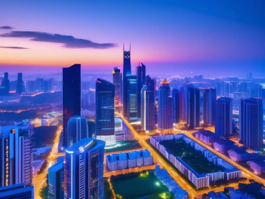 Ciudad diversa con propiedades iluminadas Beneficios de diversificación inmobiliaria: moderna ciudad al anochecer, con edificios residenciales, oficinas y complejos comerciales iluminados, rodeada de vegetación
