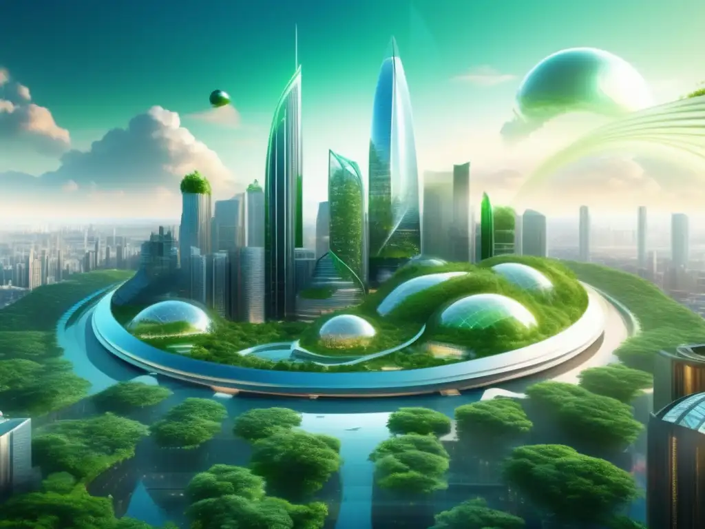 Futuro sostenible: Ciudad con rascacielos y naturaleza Beneficios económicos del negocio del carbono en una ciudad futurista con rascacielos y naturaleza
