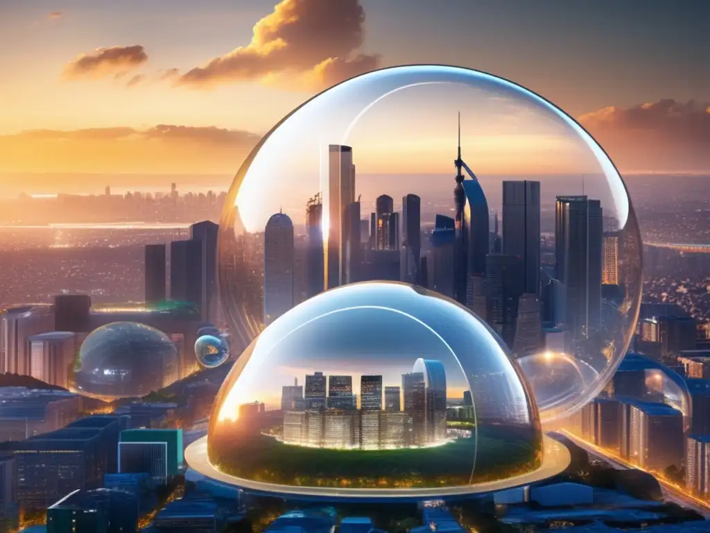 Ciudad sostenible con domo transparente Beneficios económicos del negocio del carbono en la ciudad con skyline de alta tecnología, energía verde y desarrollo sostenible