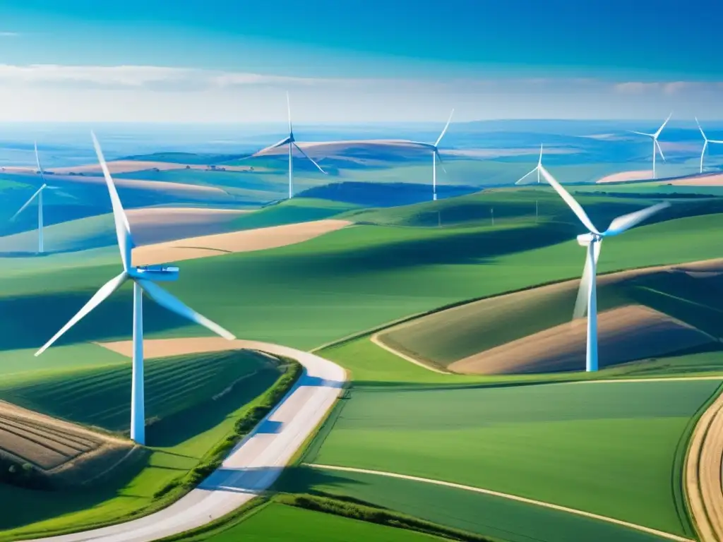 Un campo eólico moderno y armonioso Beneficios invertir en energía renovable: imagen de parque eólico moderno, turbinas blancas girando en paisaje rural