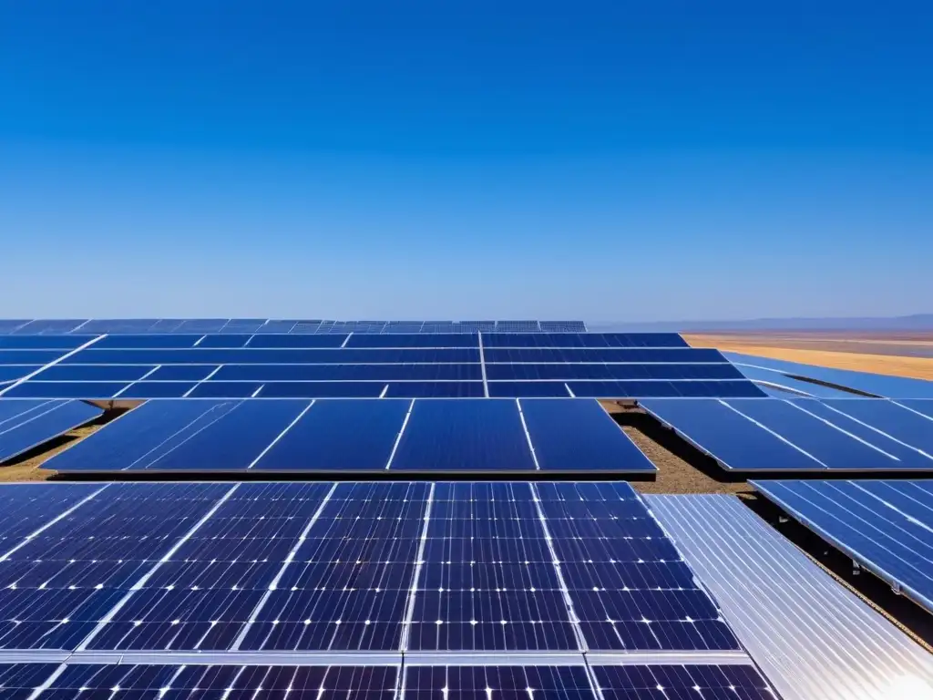Planta solar moderna, eficiente y futurista Beneficios de invertir en energía renovable: Planta solar moderna, eficiente y futurista contra un cielo azul claro