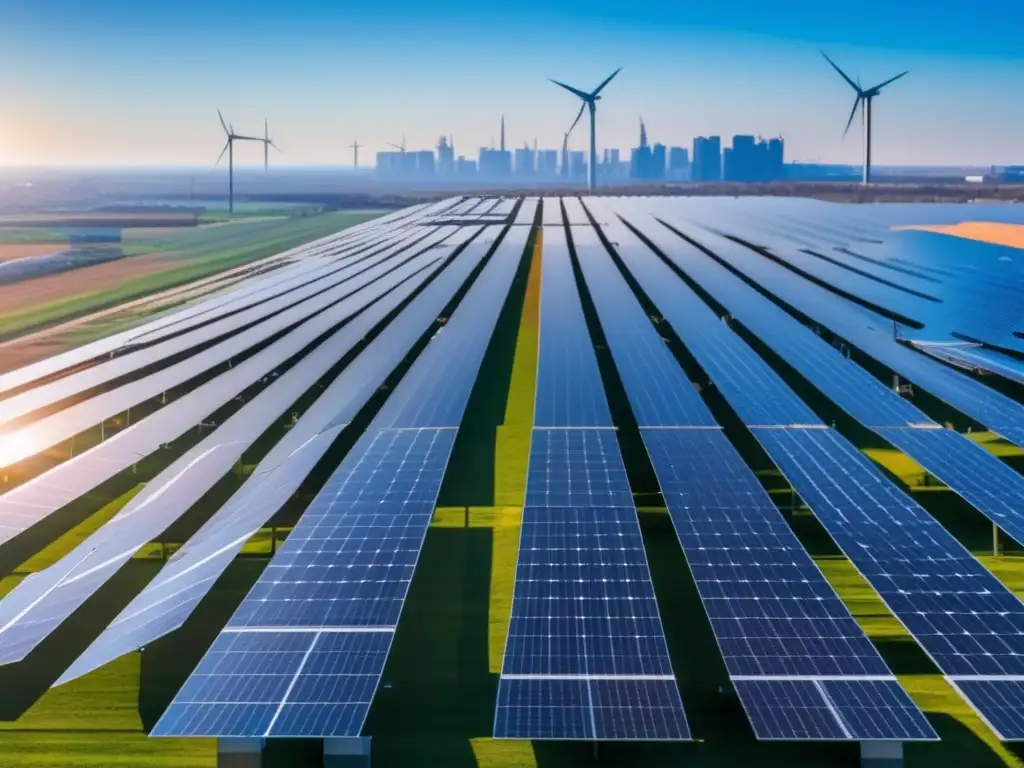 Futuro energético sostenible Beneficios energías renovables: ciudad futurista, paneles solares, turbinas eólicas, energía limpia, crecimiento económico
