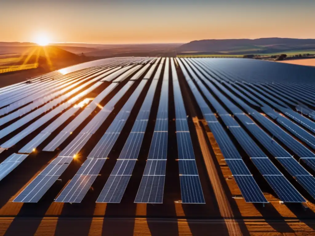 Energía solar en un paisaje impresionante Beneficios de energías renovables en inversiones: vista panorámica de una granja solar 8k, capturando su magnitud y diseño sofisticado