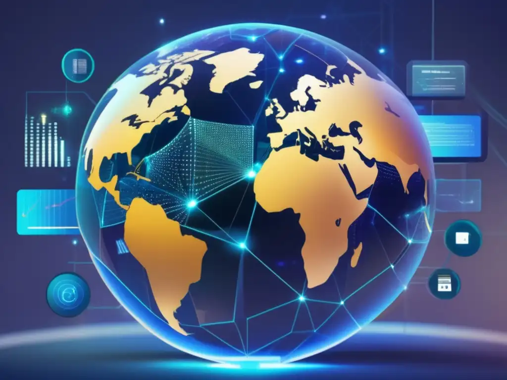 Colaboración blockchain y fintech Beneficios de alianza Blockchain Fintech en un escenario futurista con globos transparentes, dispositivos fintech y nodos interconectados