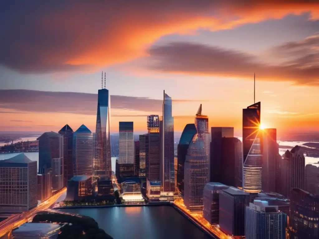 Skyline moderno y vibrante al atardecer Beneficios de invertir en ETFs: Ciudad moderna al atardecer, rascacielos altos y distrito financiero bullicioso
