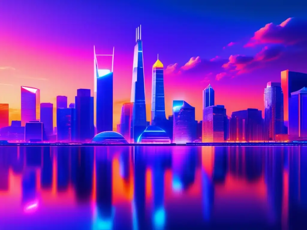 Futurista ciudad con rascacielos brillantes Beneficios de invertir en ETFs de criptomonedas en una ciudad futurista con rascacielos de vidrio y luces neón