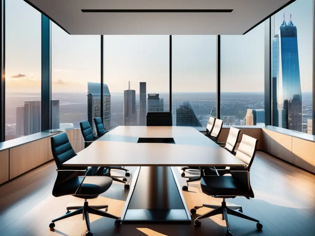 Oficina moderna con vista panorámica a la ciudad Beneficios de invertir en ETFs: Oficina moderna con vista panorámica de la ciudad, profesionales discutiendo gráficos financieros