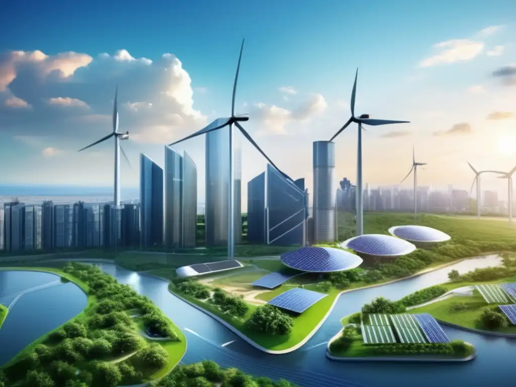 Un futuro sostenible con energía renovable Beneficios ETFs renovables: ciudad sostenible con energía limpia