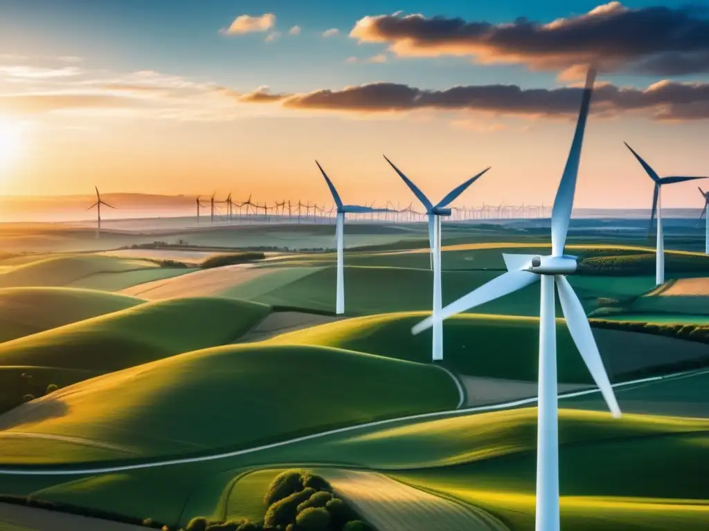 Paisaje de turbinas eólicas verdes Beneficios de invertir en ETFs renovables: paisaje 8k detallado muestra campos verdes con molinos de viento generando energía limpia y renovable
