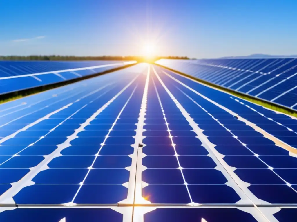 Energía solar: Futurista campo de paneles solares Beneficios invertir en ETFs renovables: panel solar en cielo azul, filas ordenadas emiten suave brillo, diseño futurista y sostenible