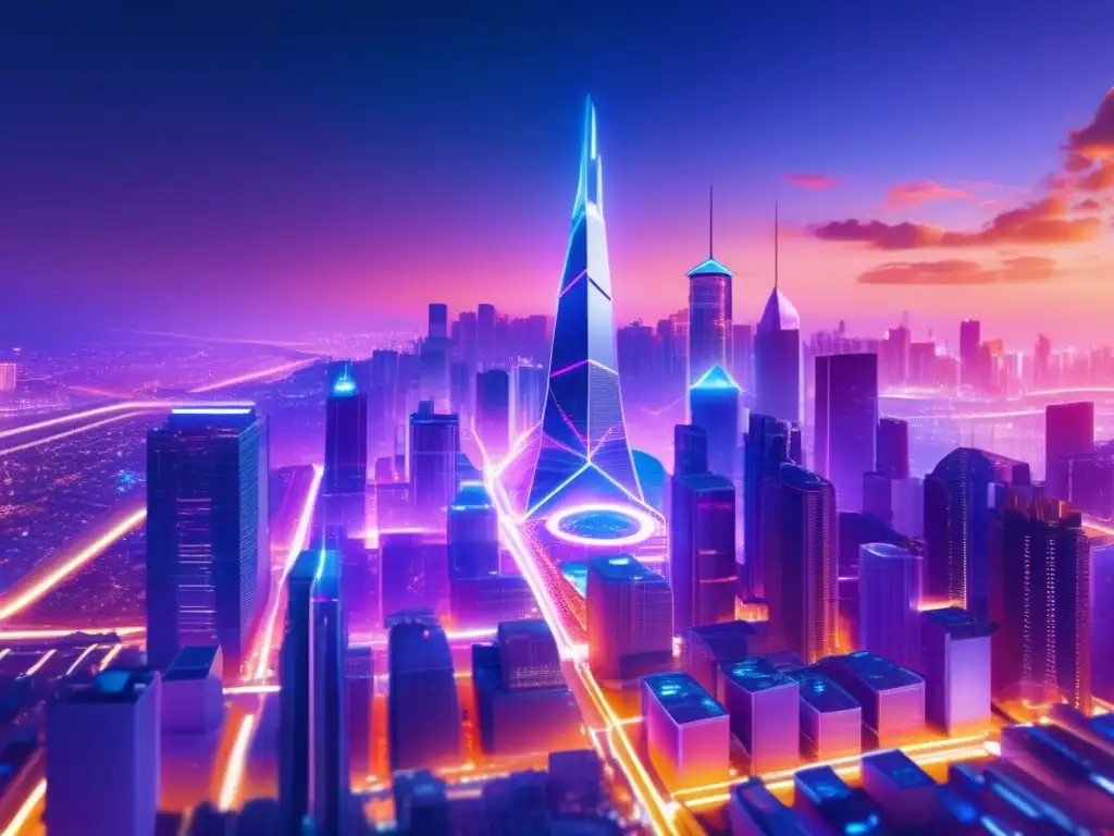 Futuro ciudad con Ethereum blockchain Beneficios de Ethereum en contratos inteligentes: Ciudad futurista con rascacielos, nodos interconectados y energía pulsante