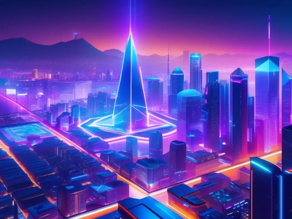 Futuroso skyline con contratos inteligentes y profesionales discutiendo Beneficios de Ethereum en contratos inteligentes, futurista ciudad iluminada por neón y profesionales debatiendo