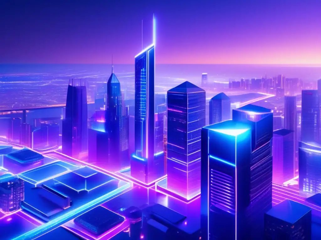Futura ciudad Ethereum: Contratos inteligentes y desarrollo futuro Beneficios de Ethereum en contratos inteligentes, ciudad futurista con rascacielos de vidrio y acero, red de caminos luminosos y códigos flotantes