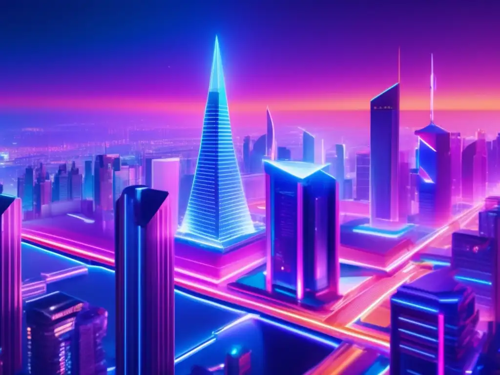 Futuro de Ethereum: ciudad futurista y contratos inteligentes Beneficios de Ethereum en contratos inteligentes, ciudad futurista iluminada con neones y tecnología avanzada