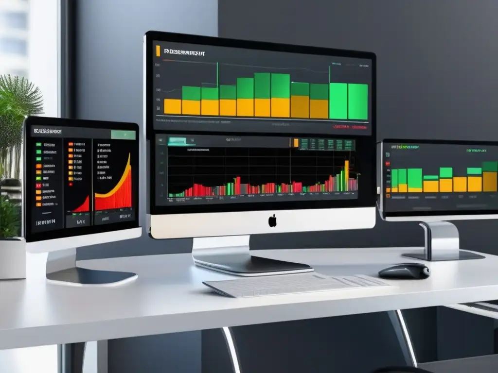 Escritorio de trading moderno y sofisticado Beneficios de Fibonacci en inversiones bursátiles: Trading desk elegante con gráficos en tiempo real, análisis Fibonacci y tecnología móvil