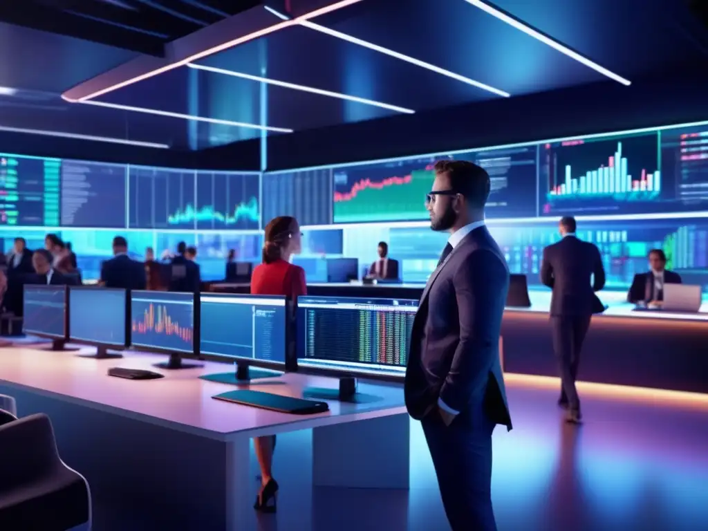 Traders modernos analizando datos y gráficos Beneficios fiscales trading algorítmico en moderna sala de trading
