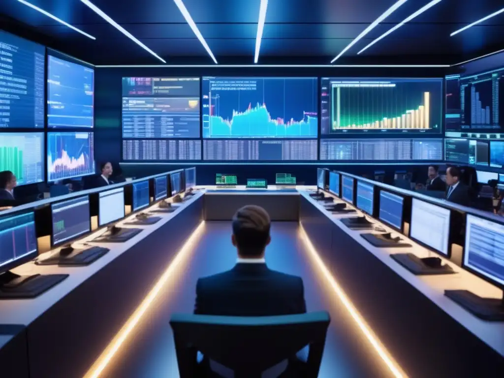 Trading floor moderno con tecnología avanzada Beneficios fiscales trading algorítmico en una moderna sala de operaciones financieras