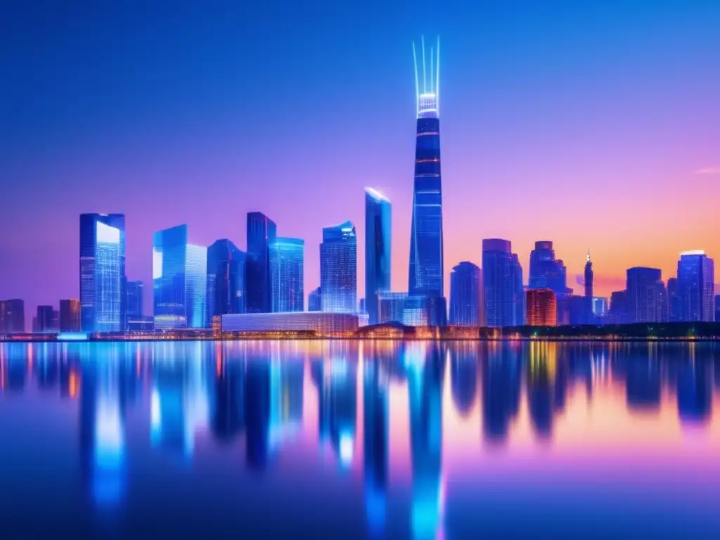 Futurista ciudad con rascacielos y datos Beneficios del Big Data en Flipping Inmobiliario: Ciudad futurista con rascacielos modernos, luces LED vibrantes y reflejo sereno en un río