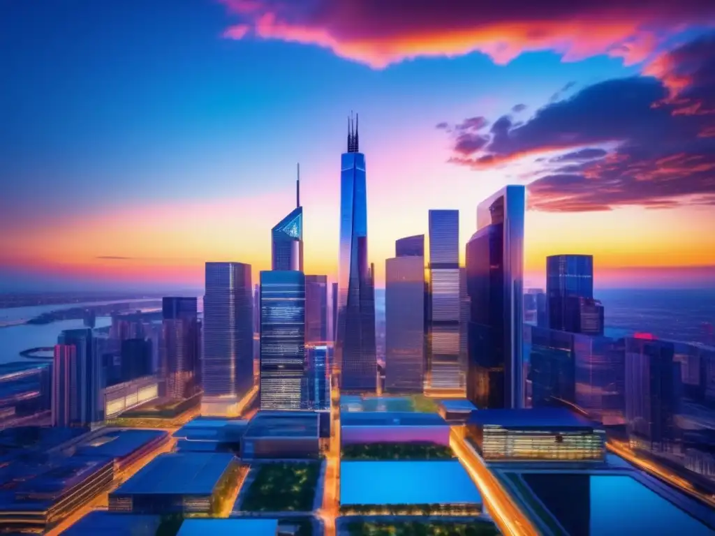 Impresionante ciudad moderna al atardecer Beneficios Big Data en Flipping Inmobiliario: Ciudad moderna al atardecer, rascacielos de vidrio reflejan colores vibrantes del cielo