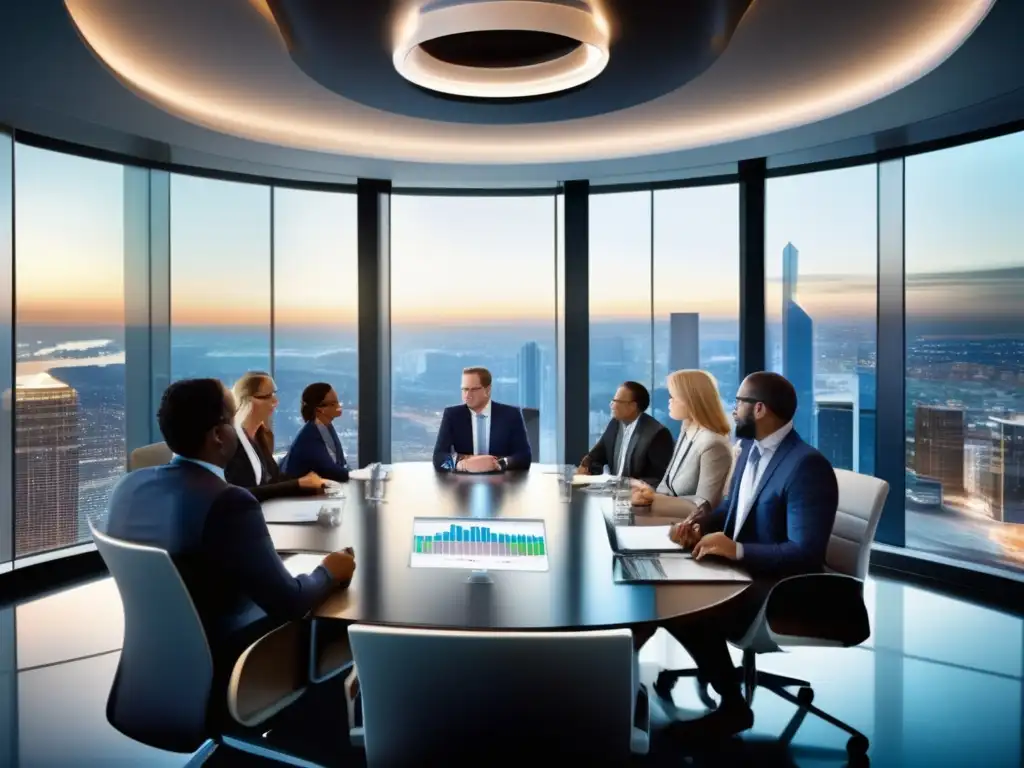 Profesionales analizando fondos mutuos Beneficios Fondos Mutuos: Reunión profesional enfocada en inversiones, gráficos y análisis en moderna sala de juntas