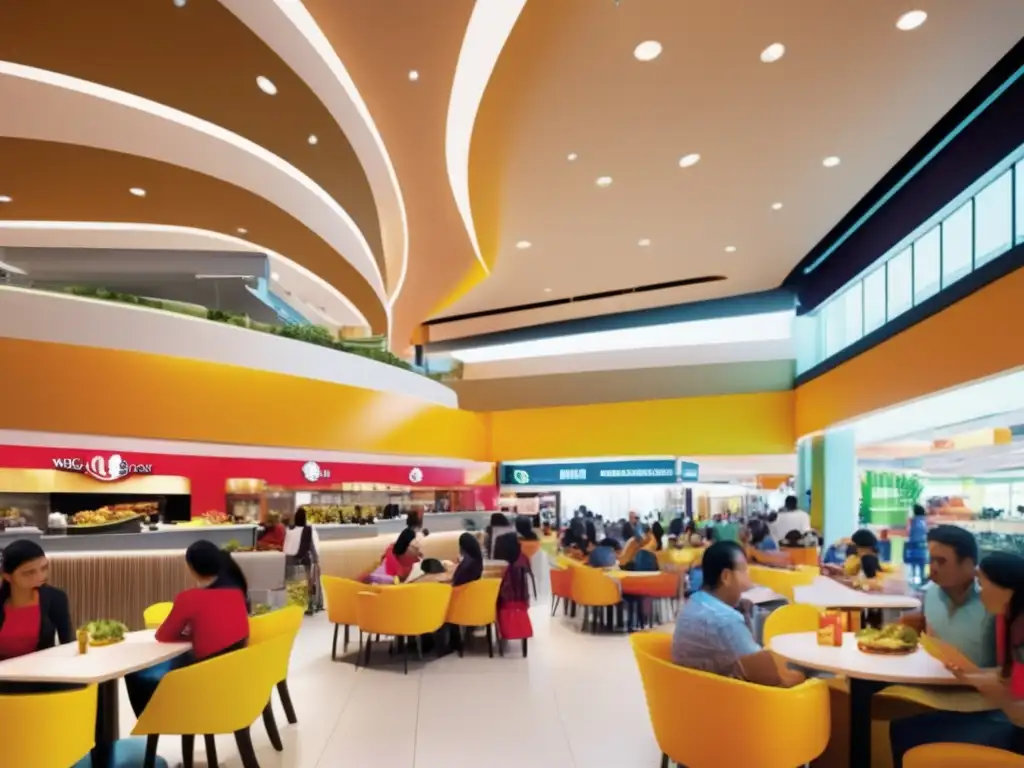 Food court moderno y vibrante en centro comercial Beneficios de invertir en franquicias de alimentación en un moderno y vibrante food court de un centro comercial lleno de color y opciones únicas