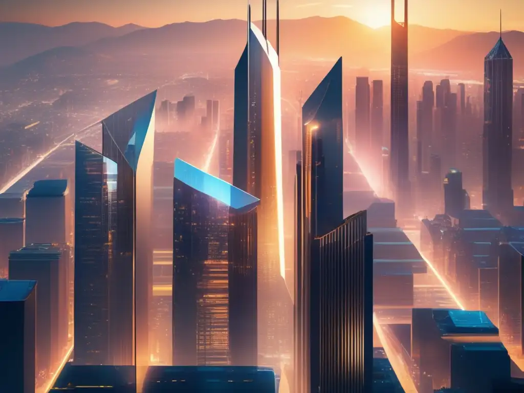 Beneficios: invertir en blockchain, ciudad futurista, avances tecnológicos, colaboración, inclusión, progreso, innovación, posibilidades infinitas