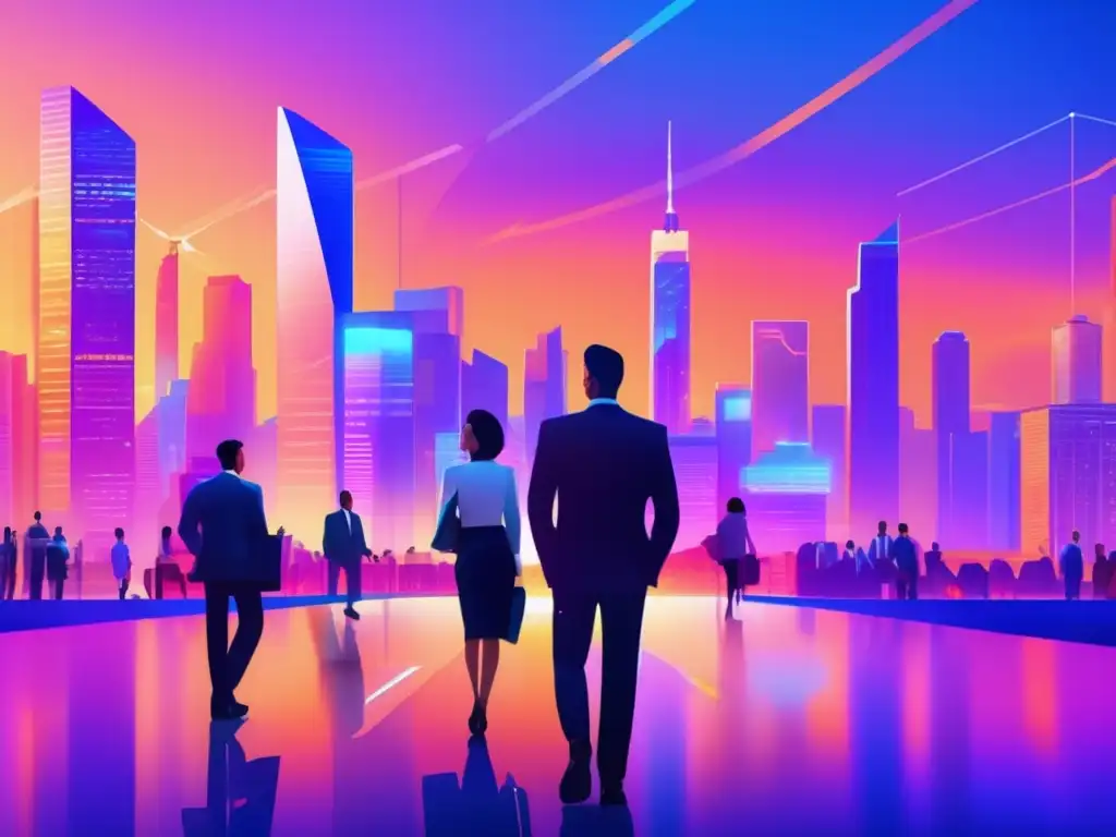 Ciudad futurista al atardecer con profesionales y Acorns Beneficios invertir con Acorns: Futurista ciudad al atardecer con rascacielos, profesionales y carteras de inversión