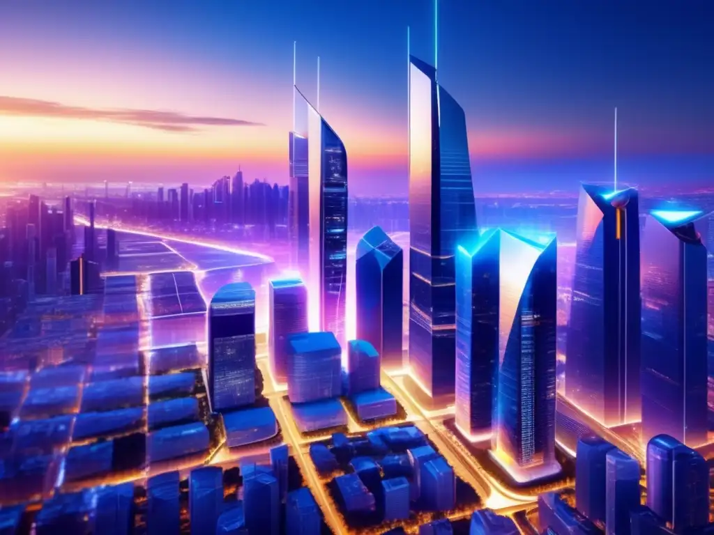 Ciudad futurista: tecnología y vida urbana Beneficios Big Data: Futurista ciudad con rascacielos y tecnología