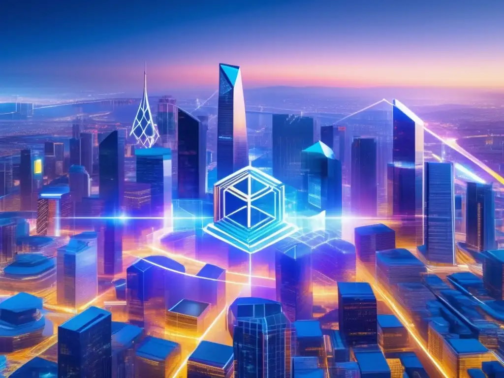 Alianza blockchain-fintech: colaboración futurista Beneficios alianza Blockchain Fintech: ciudad futurista y colaboración profesional