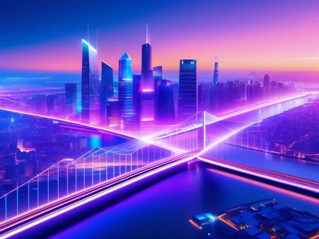 Futuro de blockchain: ciudad futurista y tecnología Beneficios de diversificar con Blockchain: Ciudad futurista con edificios modernos, líneas vibrantes y paisaje digital