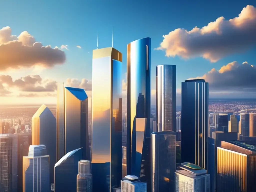 Ciudad moderna con rascacielos futuristas Beneficios de invertir con Acorns: ciudad futurista con rascacielos de cristal reflejando la luz dorada, diseño minimalista y energía urbana