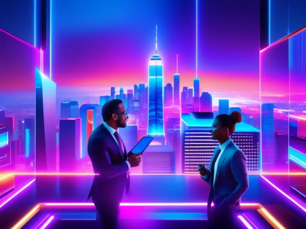 Futuro de la ciudad con tecnología 5G Beneficios invertir en 5G: Futurista ciudad 8K, rascacielos modernos, tecnología holográfica y profesionales entusiasmados