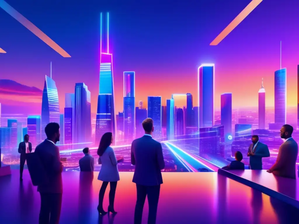 Futuro urbano: inversores analizan mercado 5G Beneficios invertir en 5G: Futurista ciudad con rascacielos modernos, iluminada por luces neón