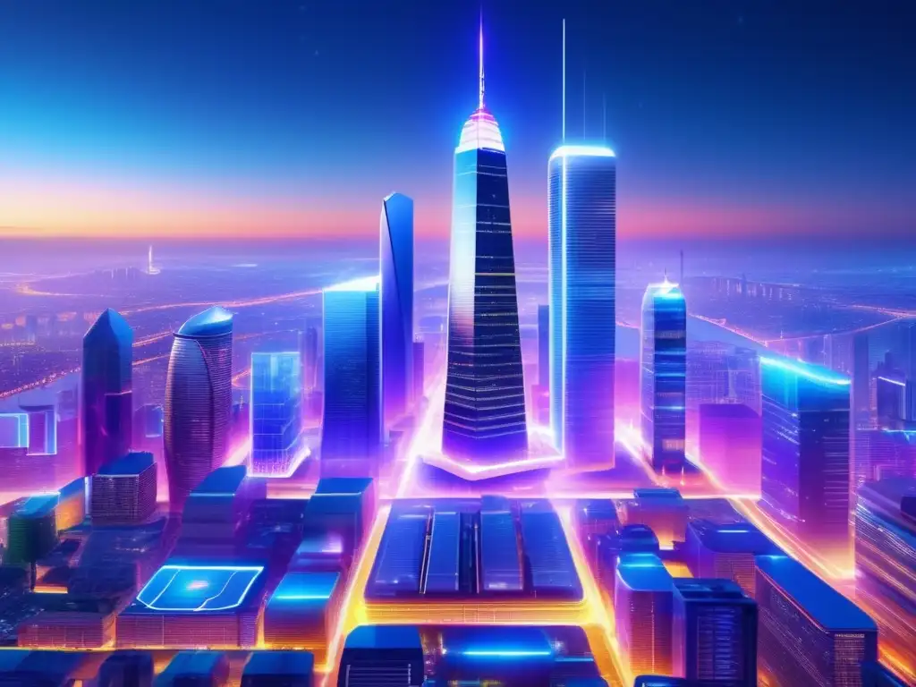 Futurista ciudad 5G: tecnología, inversión y modernidad Beneficios invertir en 5G: Futurista ciudad tecnológica con rascacielos, hologramas y vehículos eléctricos