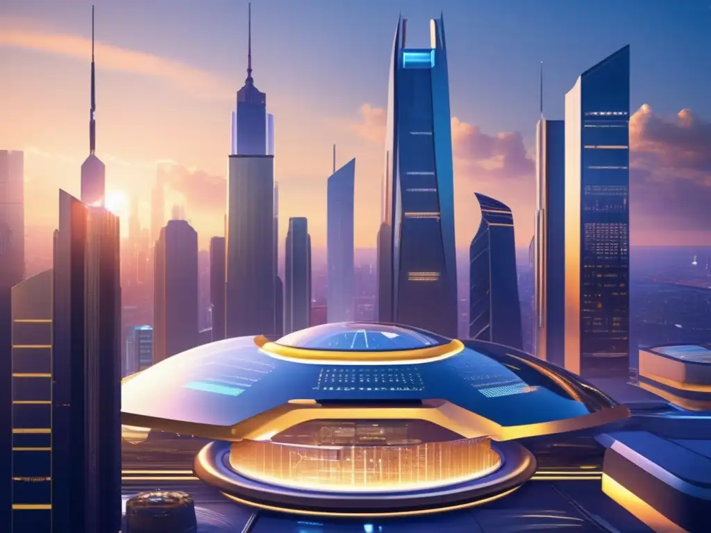 Futuro financiero: IA y humanos colaborando Beneficios de la IA en inversiones: Futurista centro financiero con rascacielos, tecnología avanzada y colaboración humana