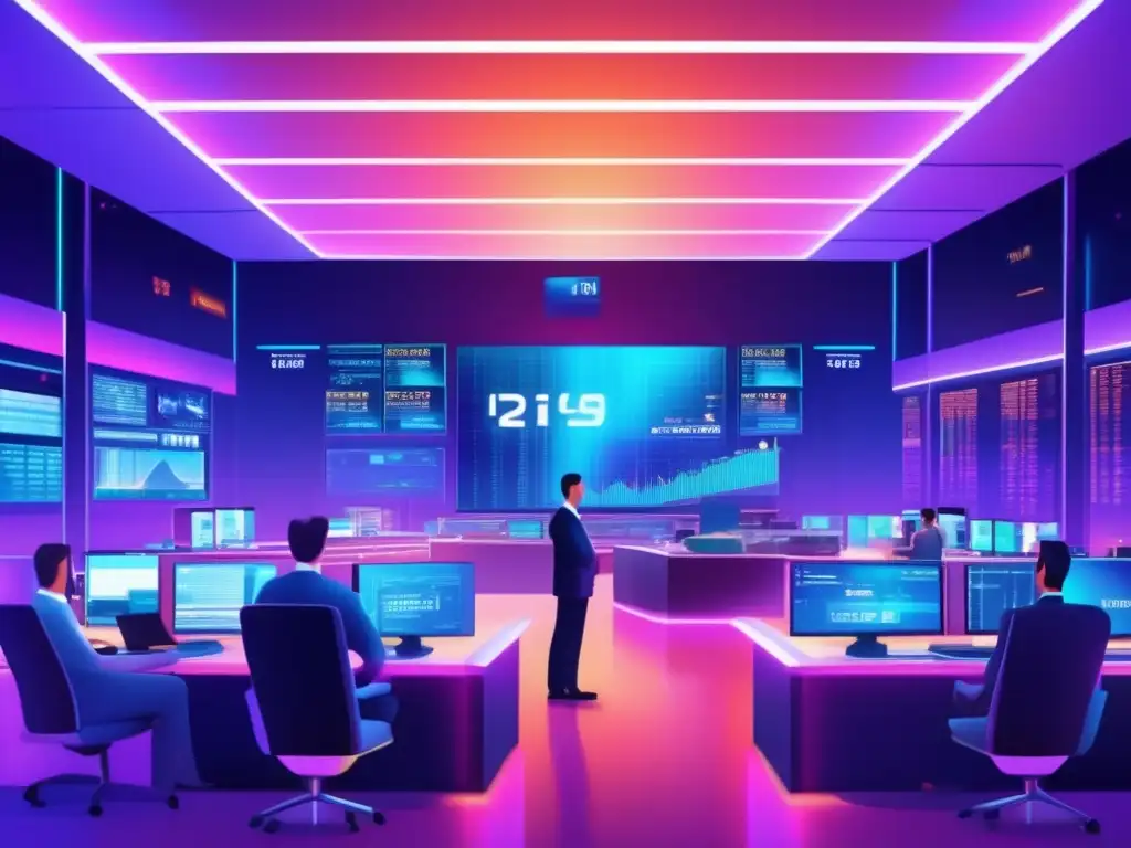Traders en un piso de bolsa futurista Beneficios de IA en inversiones: Futuro de la bolsa de valores con traders, algoritmos avanzados y tecnología holográfica (110 caracteres)