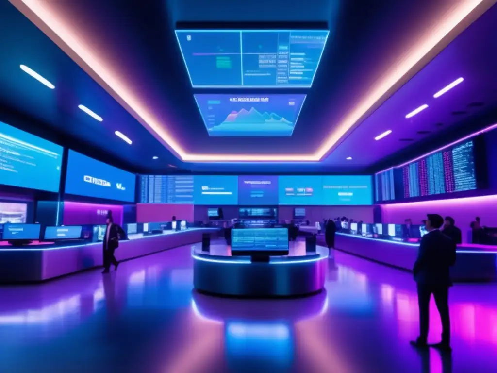 Futuro trading floor con IA y AR Beneficios de IA en Trading: Futuro piso de operaciones 8k, AR, ventanas panorámicas, datos mercados, predicciones AI